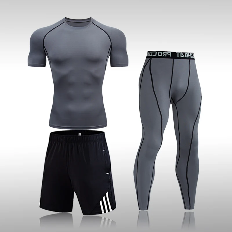 

New 3-Pc/ Set Running Men's Short T-Shirt Leggings Sports Shorts Training Kit Summer O-Neck Quick Dry Workout Clothing Suit