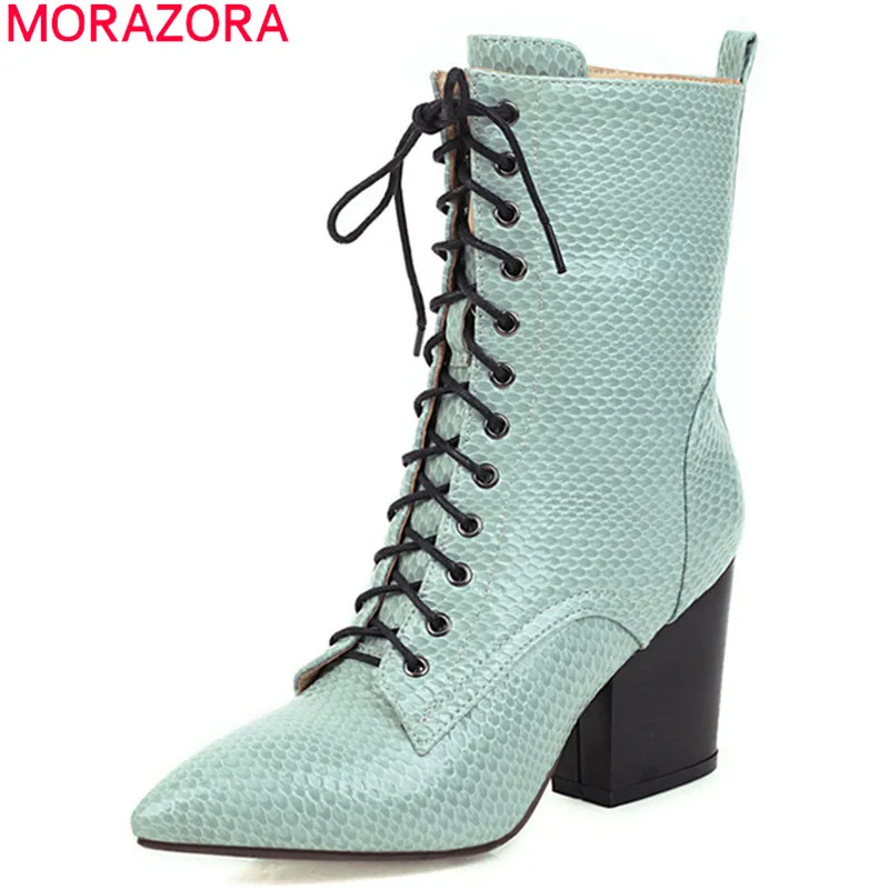 

MORAZORA 2021 large size 34-43 winter women boots fashion lace up high heels boots women thick heels solid color ankle boots