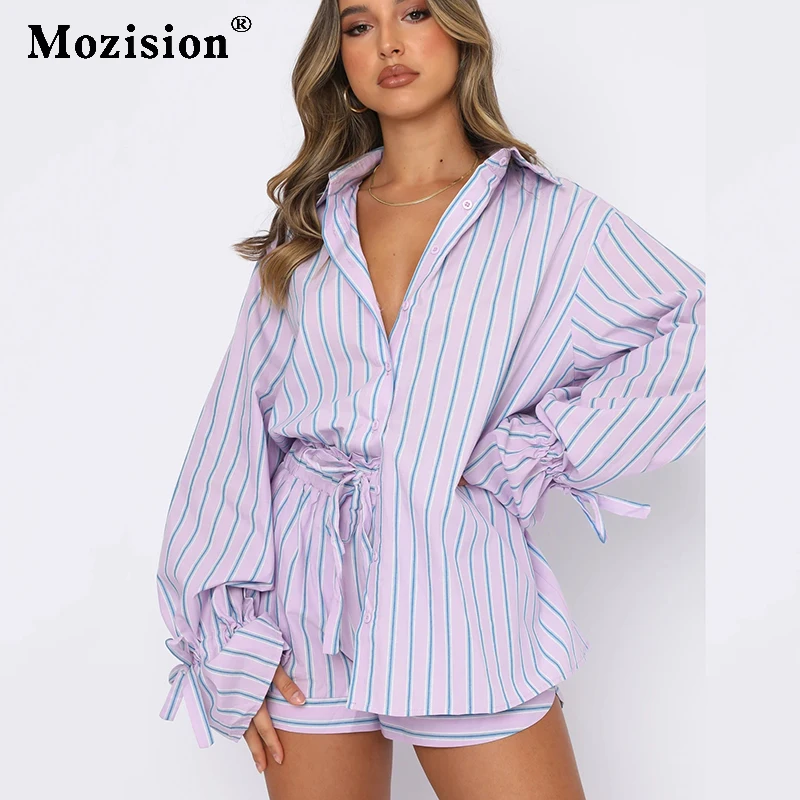 

Mozision Loung Wear Tracksuit Women Shorts Set Stripe Flare Sleeve Shirt Tops And Loose Lace-up Mini Shorts Two Piece Set