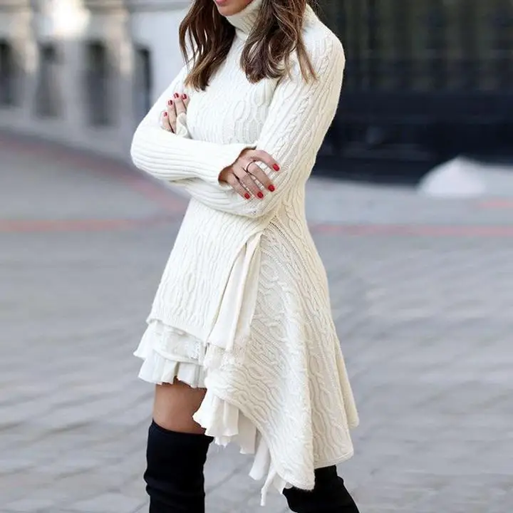 

Linglewei New Spring and Summer Women's Dress England Style Prairie Chic Solid Patchwork Turtleneck Straight easy matching dress