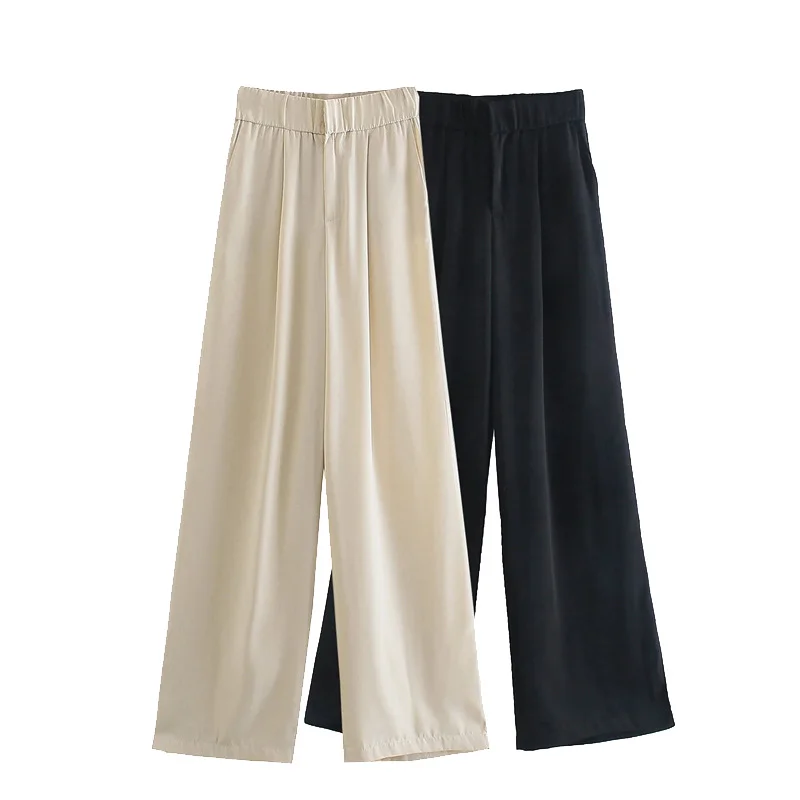

Women Chic Pants Fashion Side Pockets Darts Wide Leg Capris Casual High Waist Zipper Fly Female Trousers Mujer 2021