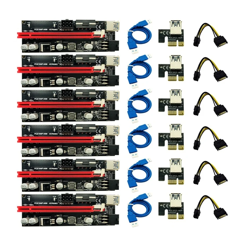 

6Pcs Latest Ver009 Usb 3.0 Pci-E Riser Ver 009S Express 1X 4X 8X 16X Extender Riser Card Adapter sata 15Pin to 6 Pin Power cable