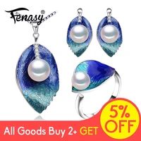 fenasy pearl jewelry sets 925 sterling silver stud earrings natural pearl leaf necklace for women love cloisonne earrings ring