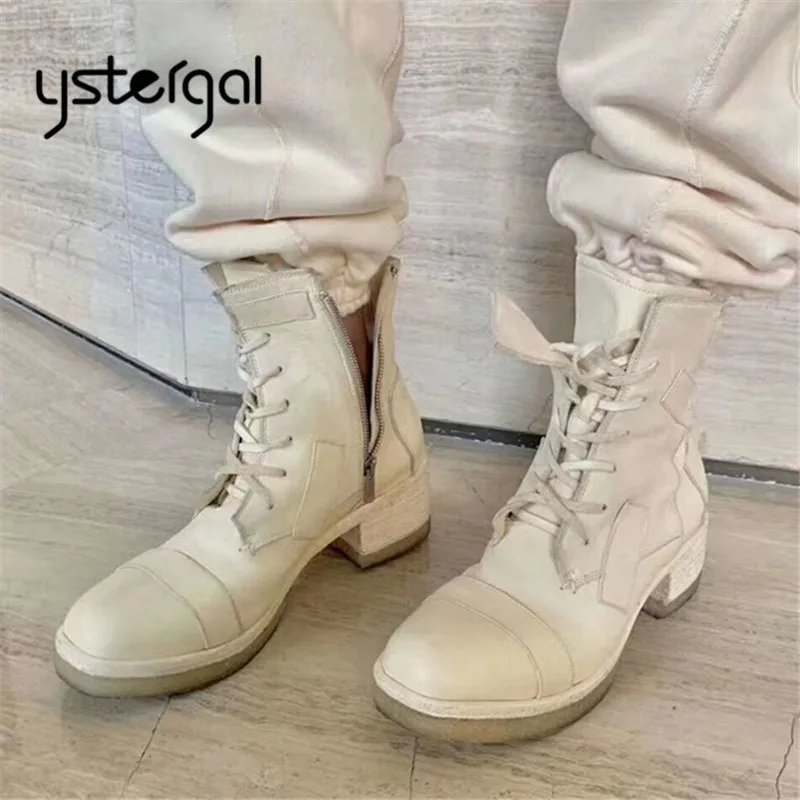

Ystergal White Injured Army Boots Chunky Heel Ankle Boots for Women Ladies Lace-up Short Booties Platform Botas Mujer