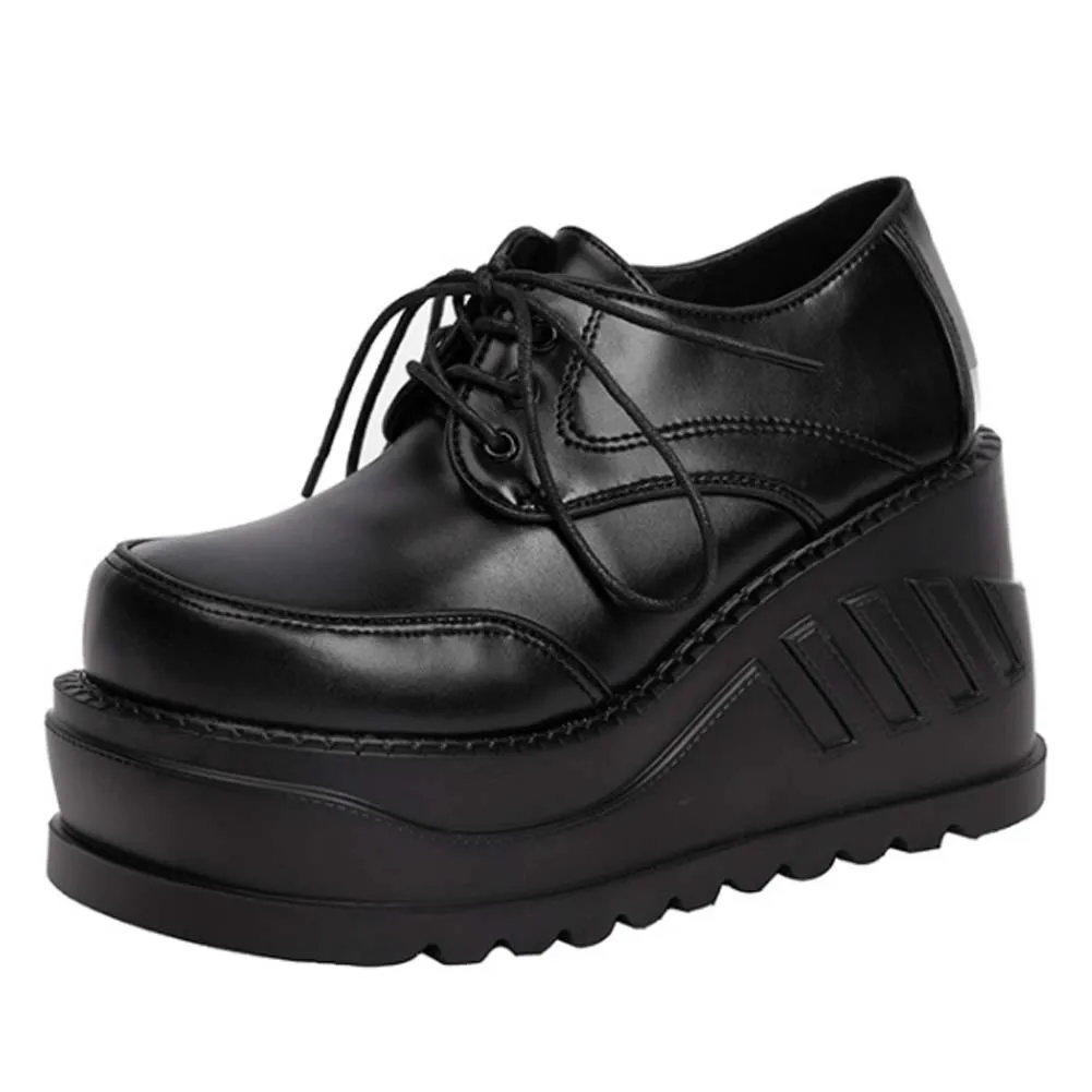 

RIBETRINI New Arrival Female Lace Up Platform Wedges Shoes Gothic Lolita Black Cosplay Women Pumps Chunky Punk Pumps