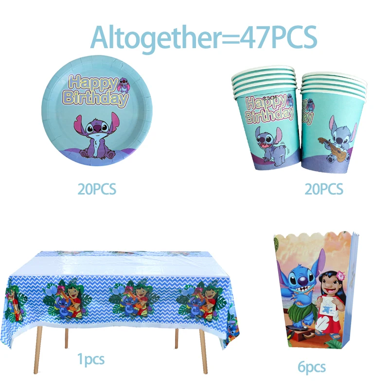 

Disney Stitch Theme Party Supplies Disposable Tableware Set Cup Plate Napkin Straw Balloon Happy Birthday Children Decoration