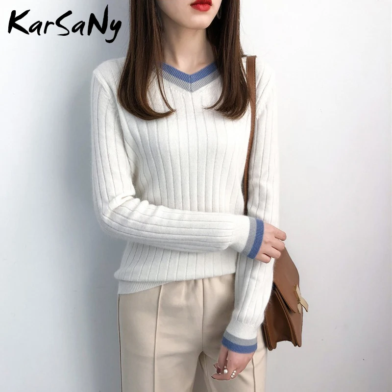 Autumn V-neck Cashmere Sweater Women Vintage Jumper Blue Knitted Striped Sweaters For White Pullover Winter Warm | Женская одежда