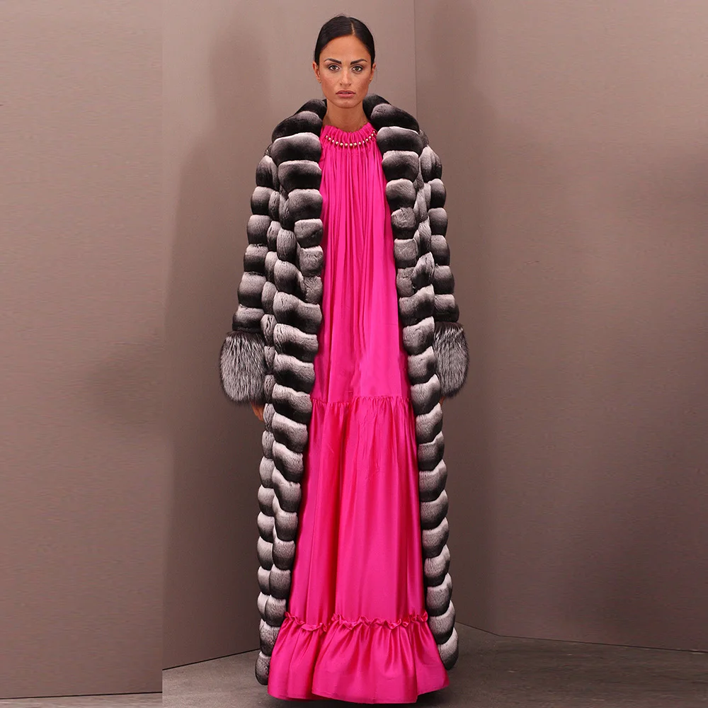 2022 Winter Real Rex Rabbit Fur Coat Lapel Collar 130cm Long Women Genuine Rex Rabbit Fur Coats with Silver Fox Fur Sleeve Cuffs