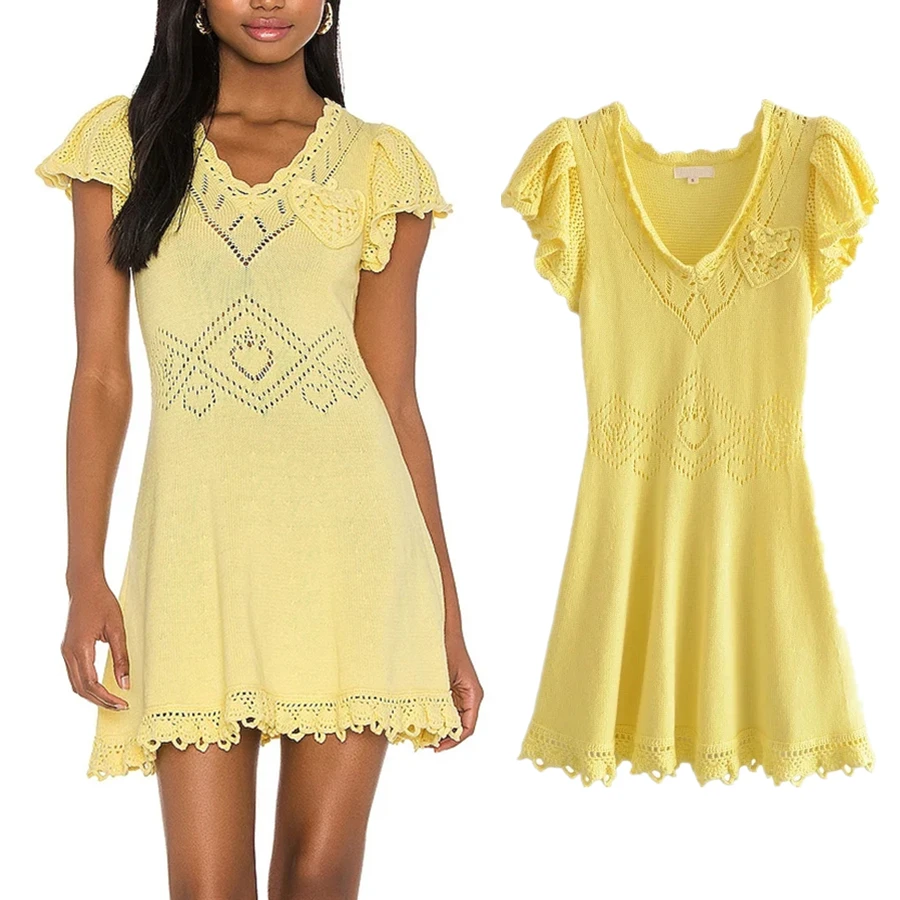 

Elmsk Summer Dress Women Vestidos England Indie Folk Vintage Knitted Hollow Out Sexy Ruffles V-neck Party Mini Dress Women