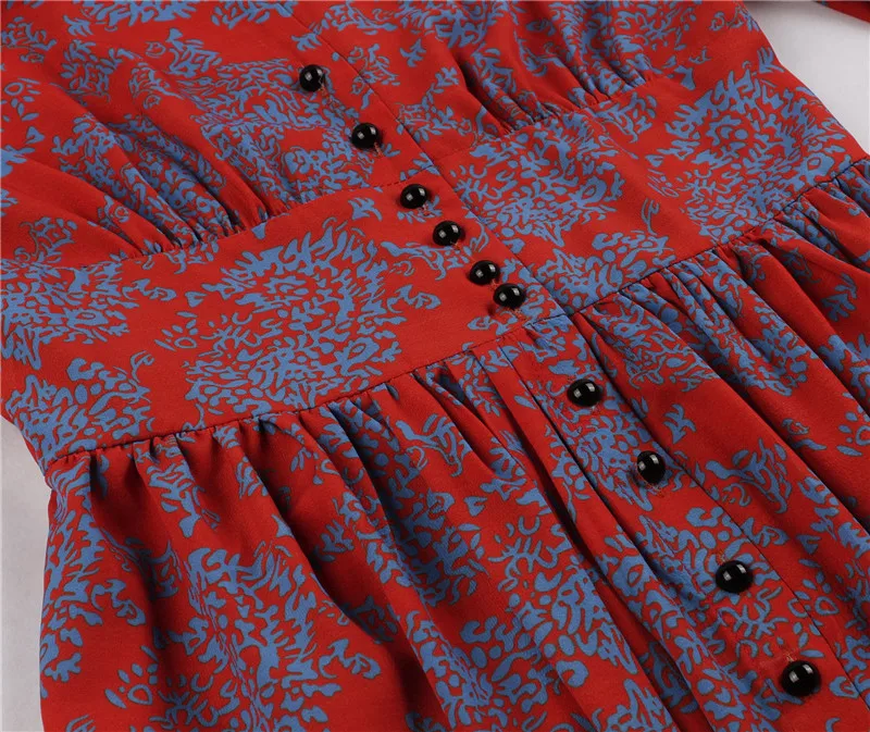

Autumn Fashion Red Print High Waist Vintage Single Breasted Ruched Long Sleeve Dress V Neck Women Elegant Pleated Dresses S-2XL