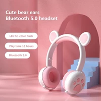 mini cute luminous bear claw head mounted bluetooth compatible headset noise reduction hifi stereo surround for kids adults