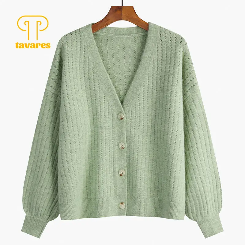 

TAVARES Cardigan Sweaters Autumn Winter Clothes Women Oversized Jacket Green Knitted Sweater Preppy Style Harajuku Fashion