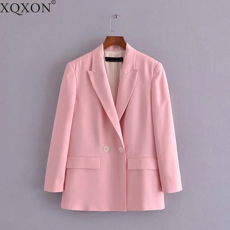 

XQXON Spring New Pink Blazer Women Double-breasted Casual Suit Jacket