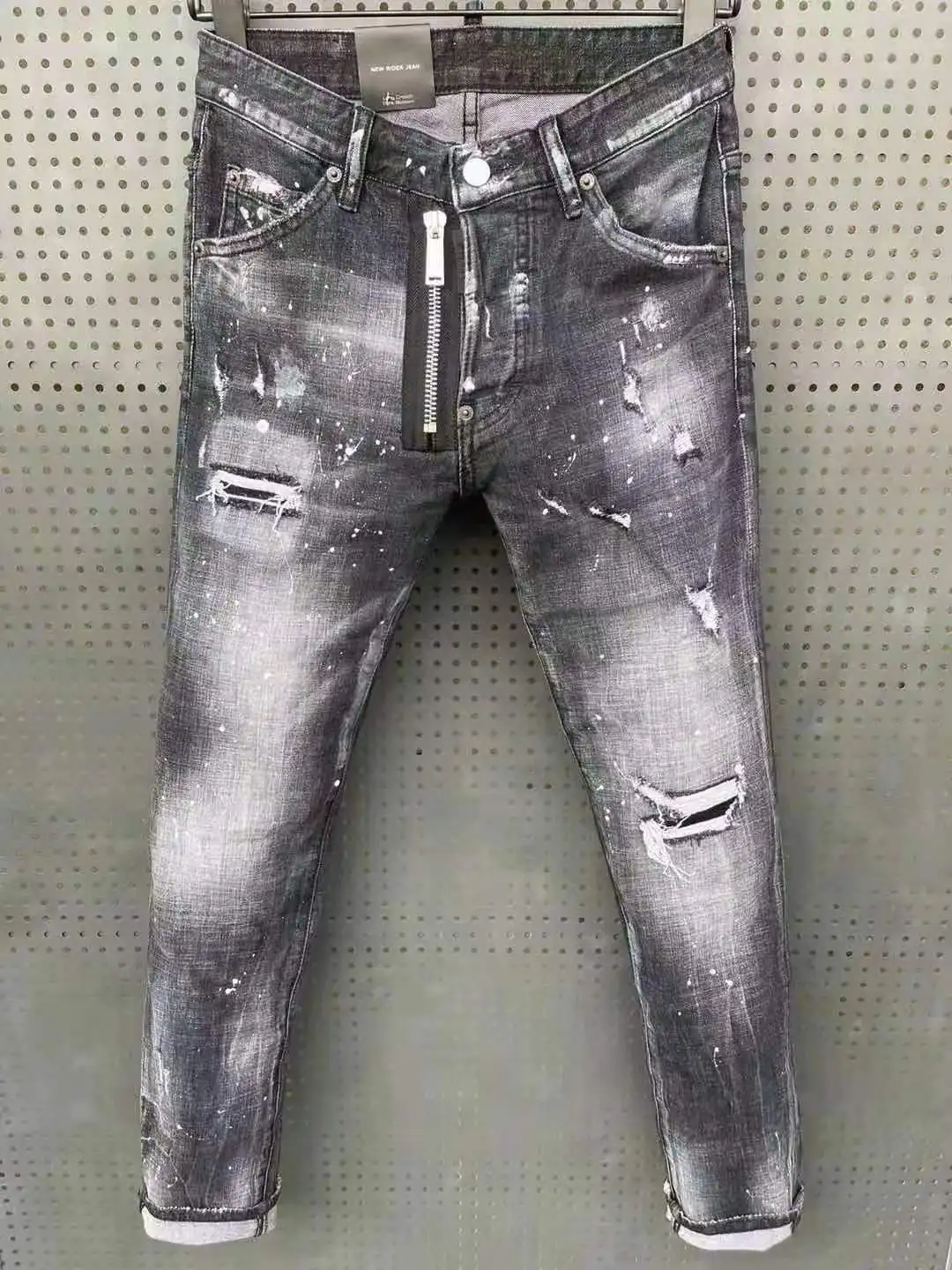 

Men's Slim Micro-elastic Paint Hole black Jeans plus size 28-38
