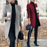 40hotfashion women winter solid long sleeve jacket stand up collar faux wool coat