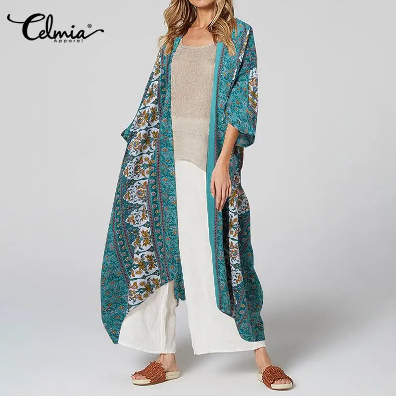 

Celmia Long Cardigan Blouse 2021 Summer Floral Print 3/4 Sleeve Cover Up Shirt Women Belted Open Front Blusa Casual Loose Kimono