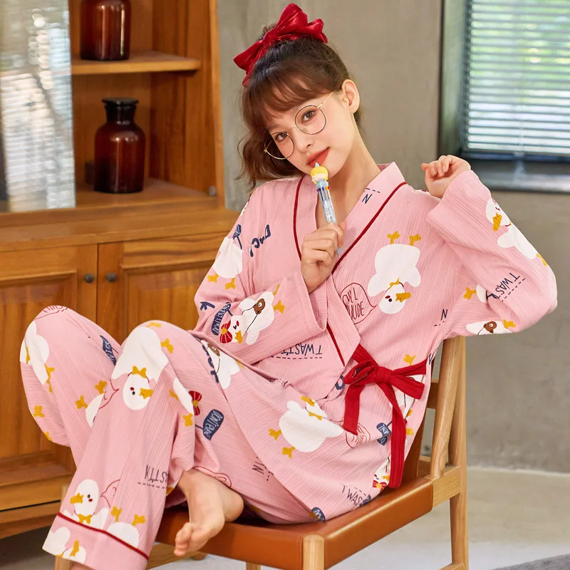 2022 Pajamas Women Spring and Autumn New Japanese Kimono Lovely Cotton Long Sleeve Ladies Loose Home Dress Set