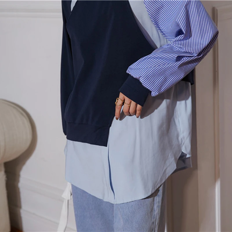 

GALCAUR Chic Sweatshirt For Women O Neck Long Sleeve Patchwork Striped Hit Color Plus Size Streetwear Pullovers Female 2021 Tide