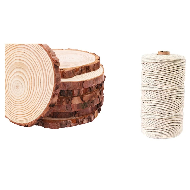 

3mm 500M Natural Cotton Thread Cotton Rope with Unfinished Natural Wood Slices 20 Pcs Craft Wood Kit
