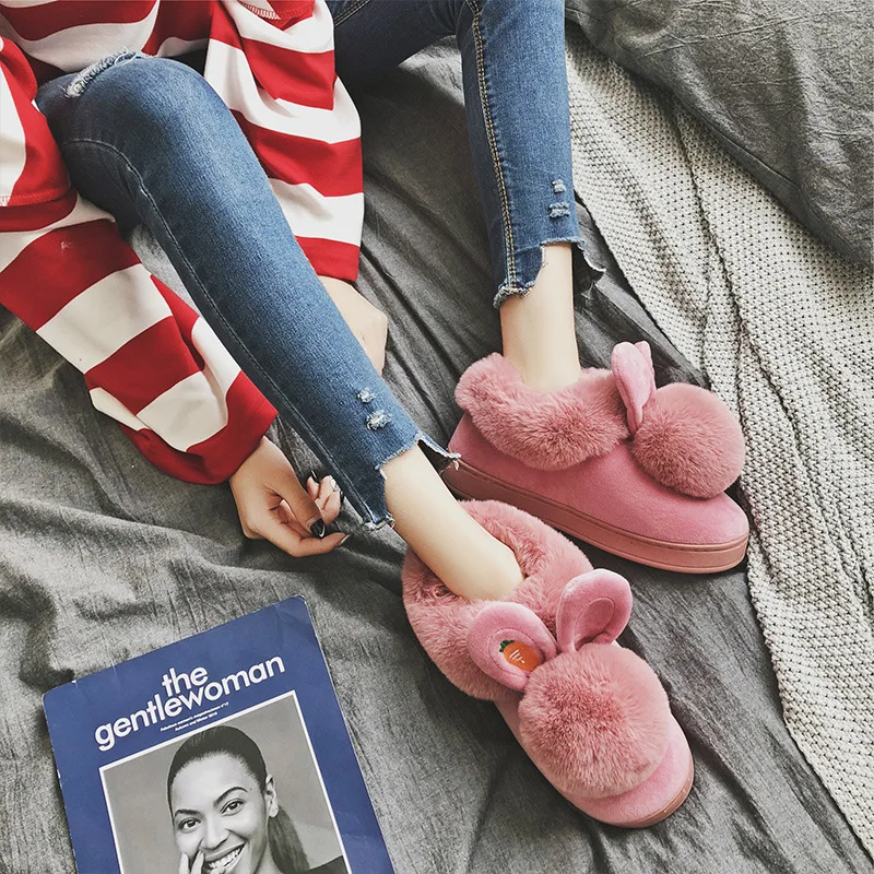 Милые тапочки с кроликом Женские черные зимние теплые меховые хлопковые