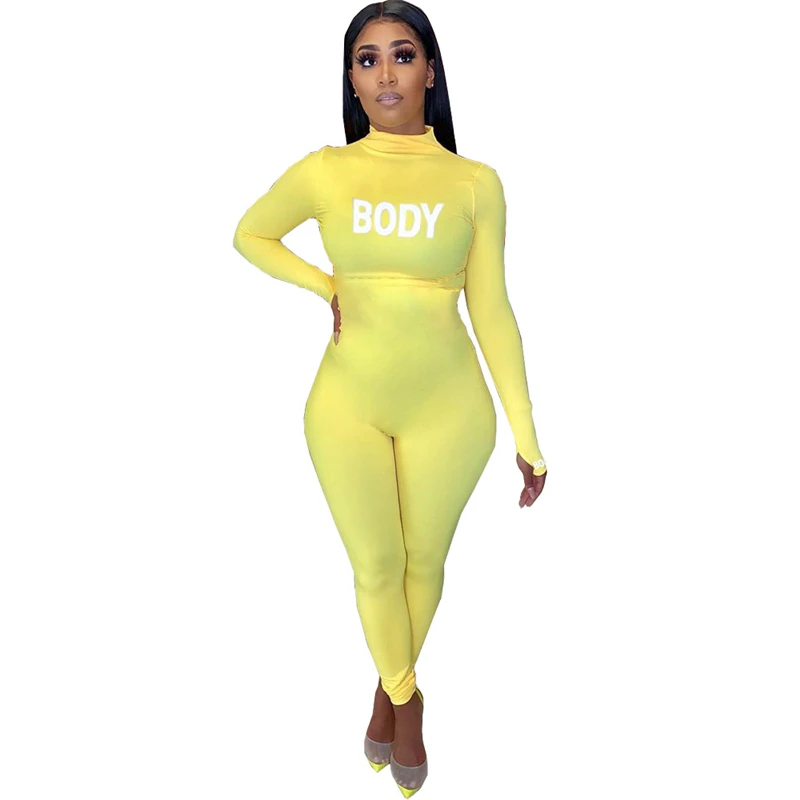 Adogirl Body Letter Print Women Casual Jumpsuit Turtleneck Long Sleeve Skinny Romper Female Tracksuit Fashion Clothing Overalls