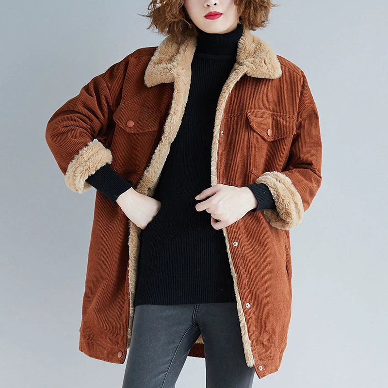 

Winter Faux fur Coat Women Oversize Corduroy Coats Vintage Female Loose Long Jackets Casual Street Lady Lambswool Warm Outwears