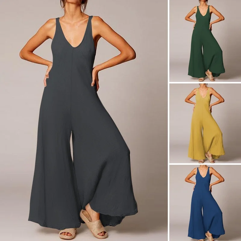 

Summer Jumpsuit Women Plus Size Loose Mid Waist Casual Pants Solid Color Casual Overalls Women Lugentolo