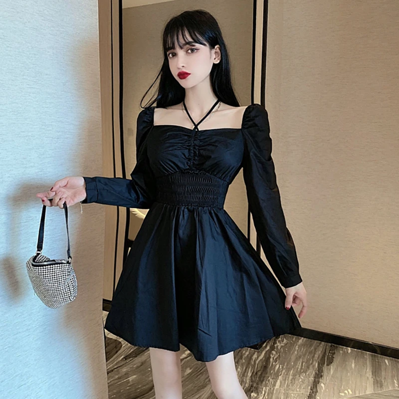 

Summer Dress 2020 Women White Black Lace-up V Neck Long Sleeve Elastic Waist A Line Above Knee Mini Party Dress 2020 New