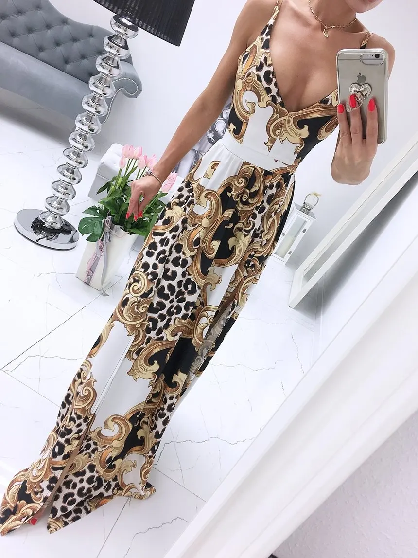 

Donsignet Women's Dress Summer New V-neck Sling Print Dress Mopping Sleeveless Dress Bohemian Maxi Dresses for Women Plus Size