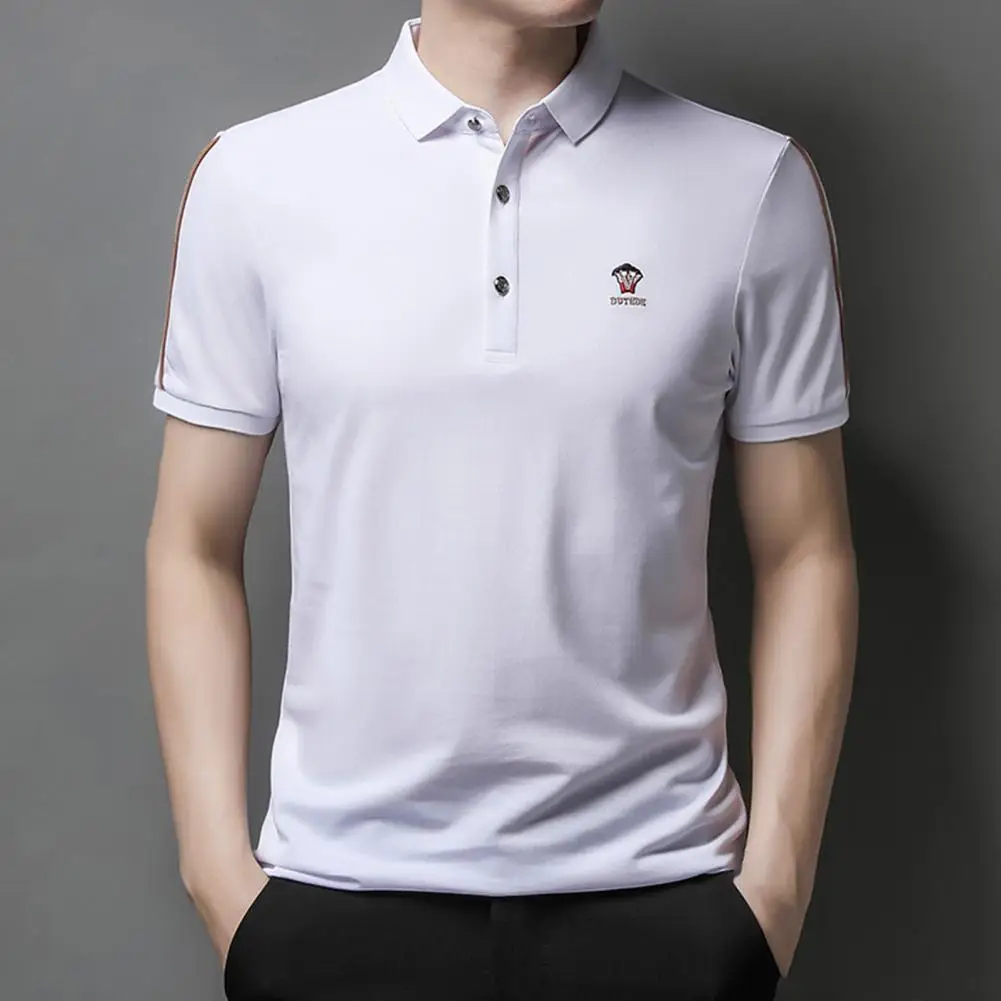 

Men Turndown Collar Embroidery Shirt Moisture Absorption Basic Style Regular-fit Pullover T-shirt Button Design Casual Male Tops