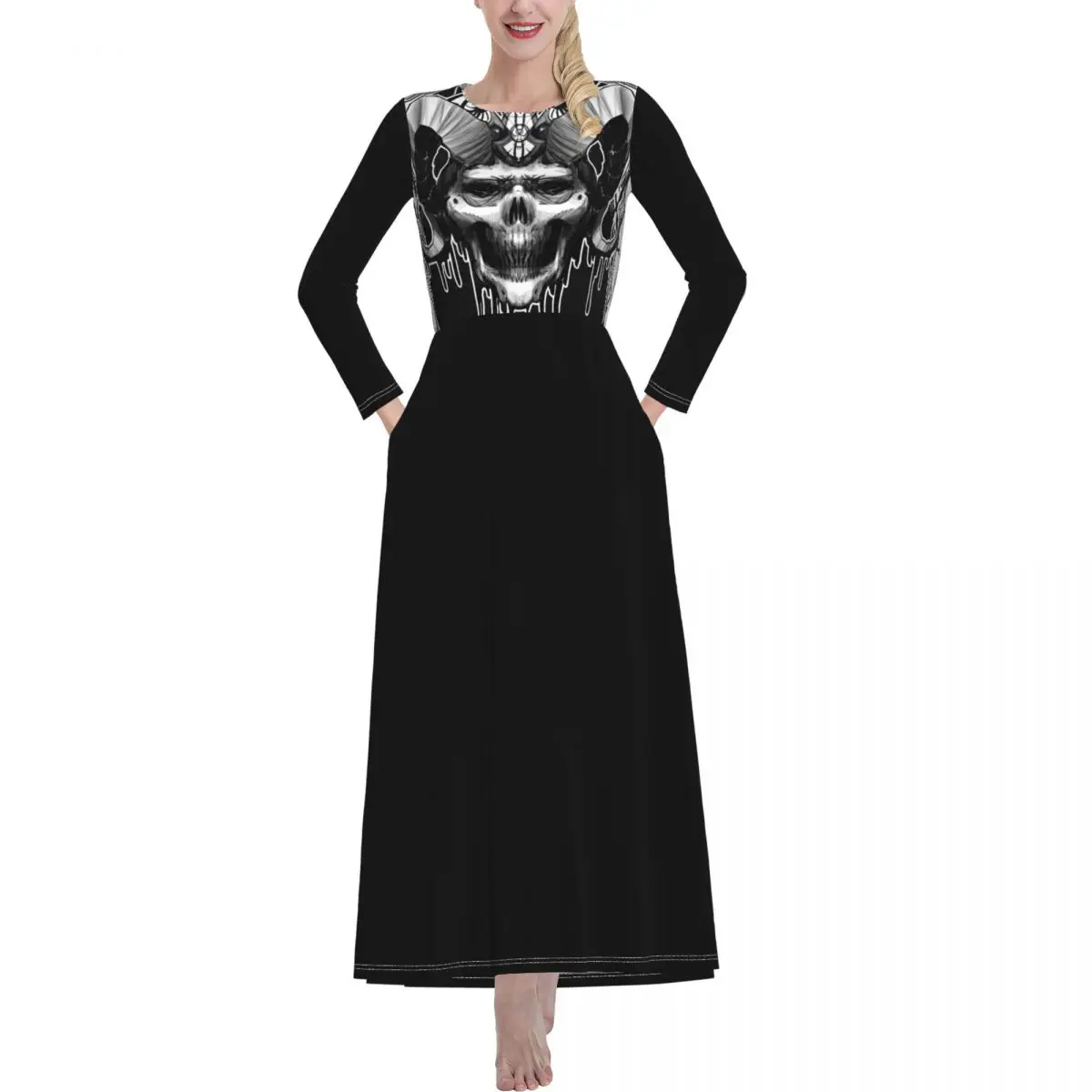 

Gothic Black Long Casual High-waist Dark Black Print Original Long-sleeved Dress Designer Round Neck Dress
