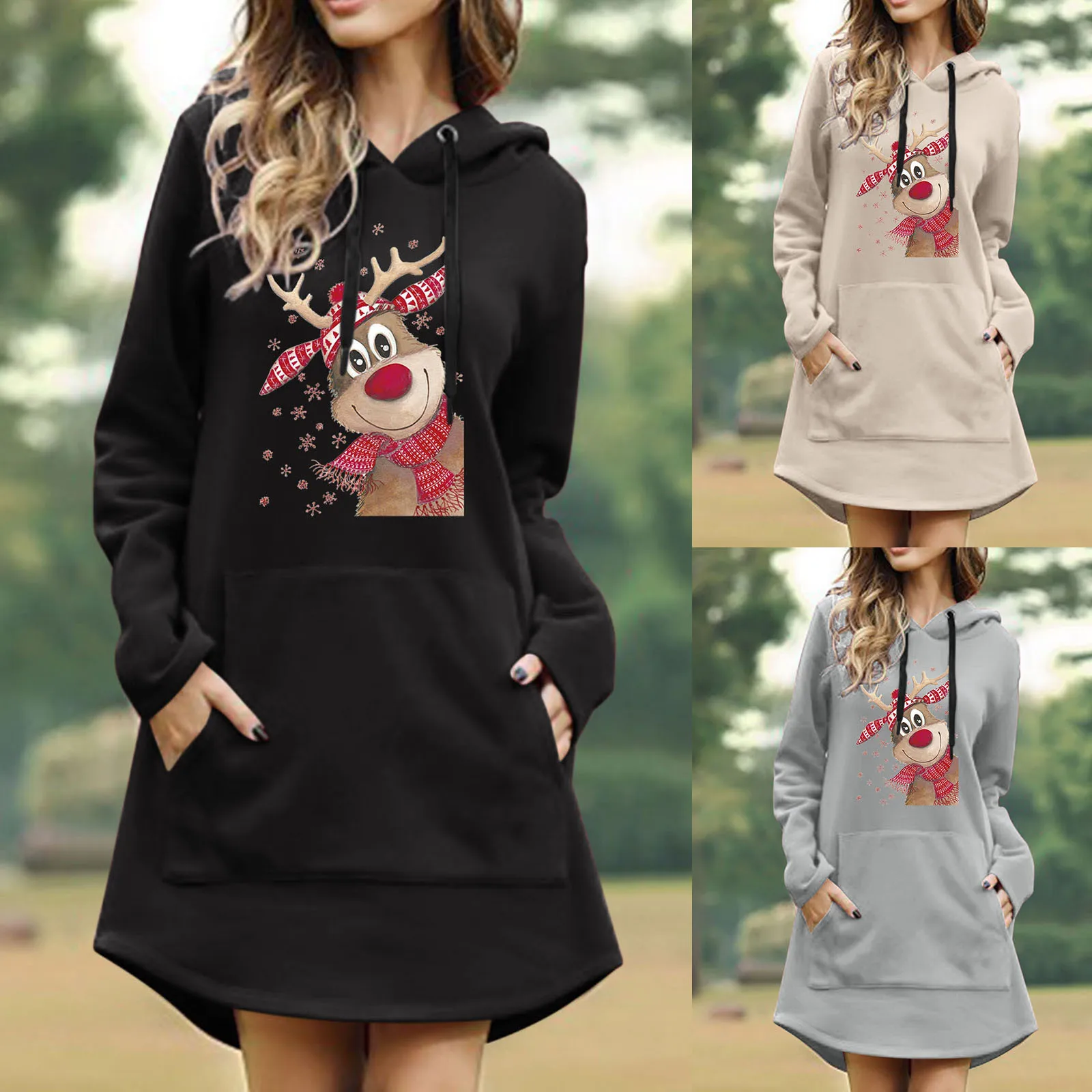 

Женское платье с капюшоном и карманом на бедрах