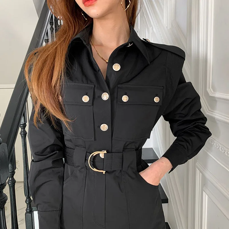 

SHENGPALAE Elegant Solid Color Romper Women Autumn 2021 Lapel Slim Waist Long Sleeve Single Breasted Jumpsuit Female Tide 5E2962