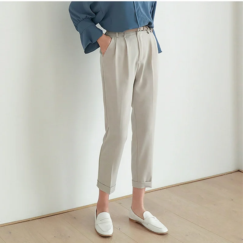 

REALEFT 2020 New Korean OL Style Women Formal Harem Pants with Belt Pockets High Waist Elegant Office Lady Ankle-Length Pants