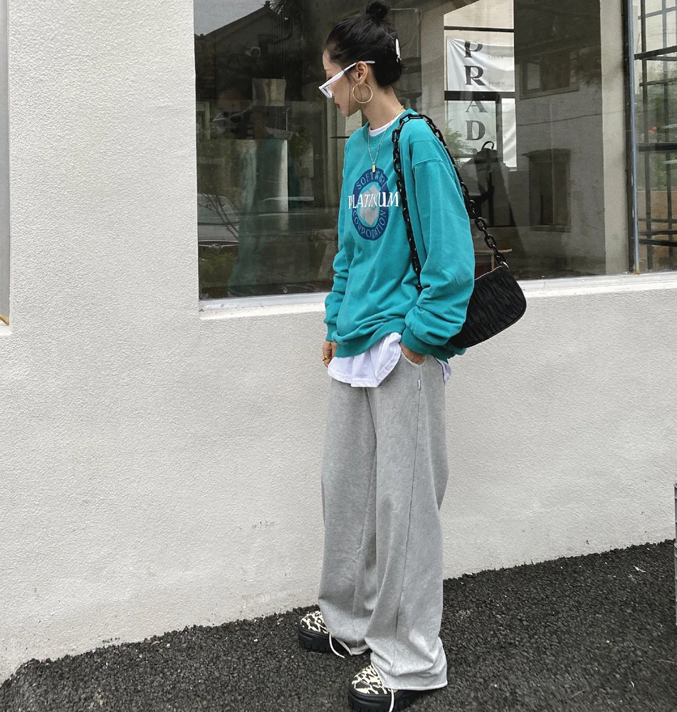 

2021 Autumn Letter Pullover Women's Korean Version Loose Hoodless Top Sweatshirt Harajuku Streetwear Tops