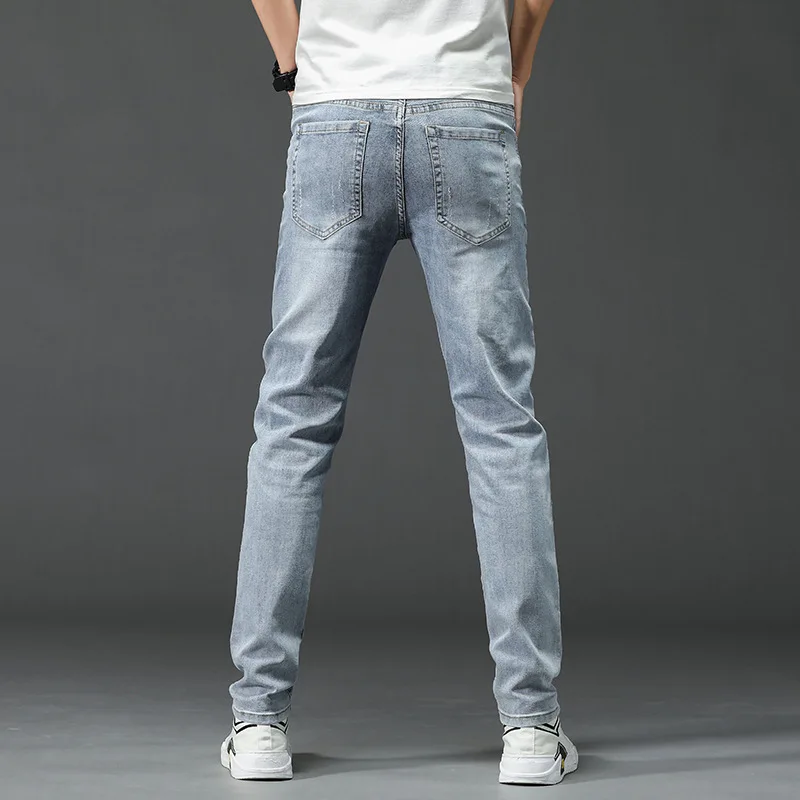 

Luren Summer Fashion Brand Thin Men's Jeans Slim Fit Skinny Light Blue Worn Hole Embroidery European Station Youth Men's Pants