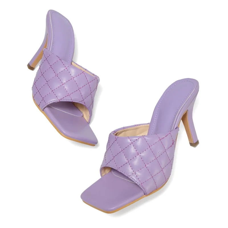 

2021 women's shoes candy color fashion high heels square check spring and summer high heel sandals