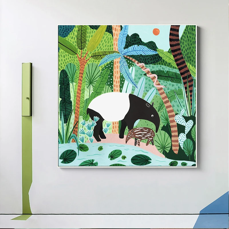 Джунгли Дикий леопард тропические животные Птица лист скандинавский плакат