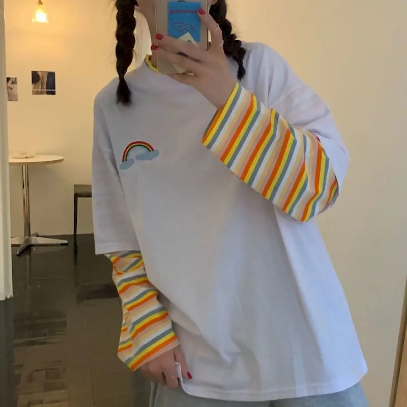 

2021 New Spring Autumn Fake Two-piece Rainbow Striped T-shirt Female Contrast Stitching Long-sleeved Loose Vintage Kawaii Tops
