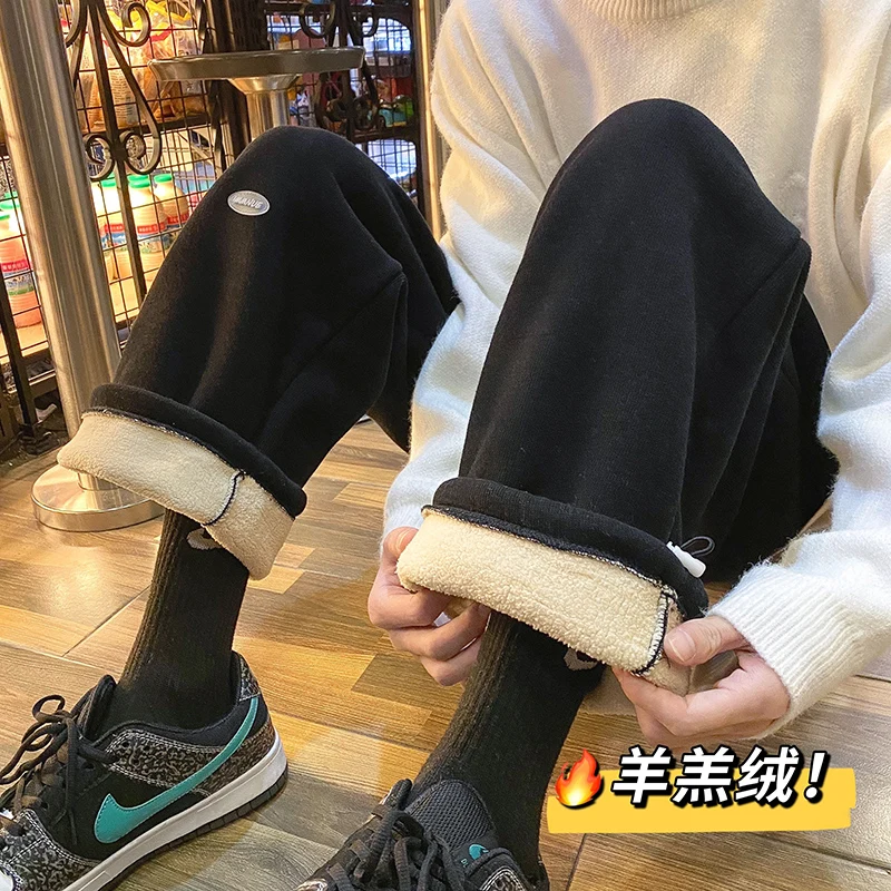 

Black/Gray Mens Camofleece Sweatpants Winter New Streetwear Casual Warm Pants Men Straight Loose All-match Ankle-banded Pants