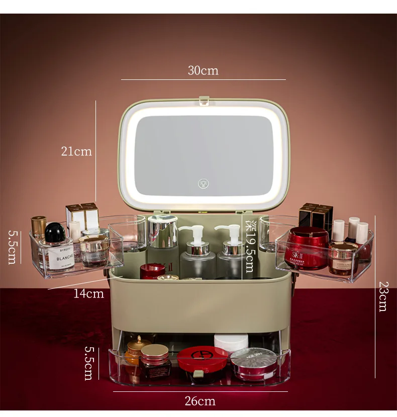 

New Cosmetic Storage Box With Mirror Led Light Desktop Makeup Organizer Case Dust-Proof Drawer Type jewelry organizer