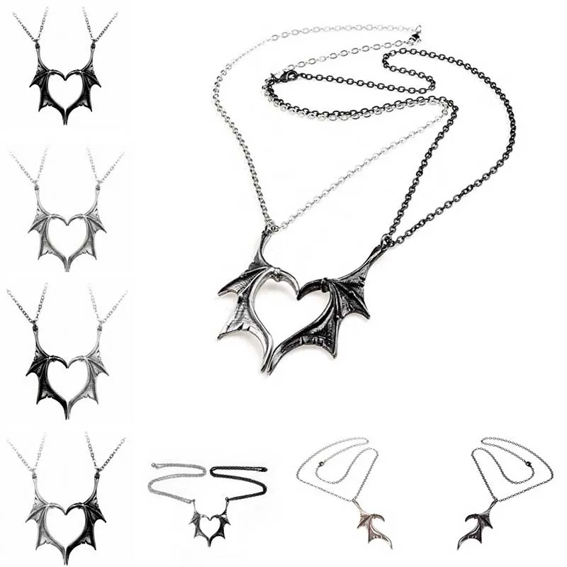 

1Pcs Personality Punk Heart Wing Necklace Lovers Vintage Bat Wing Heart Couples Pendant Necklace Set Fashion Jewelry