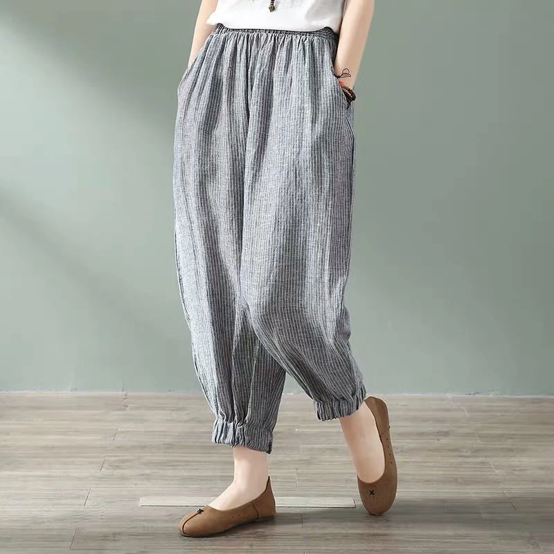 

New Arrival Summer Arts Style Women Loose Cotton Linen Harem Pants All-matched Casual Elastic Waist Striped Pants Plus Size S880