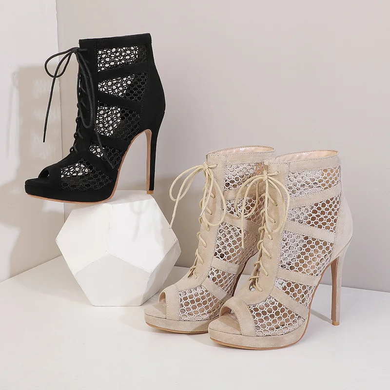 Peep Toe Summer Sandal Sexy Cut-outs Gladiator Sandals Women Pumps Shoes Lace-Up High Heels Ankle Boots | Обувь