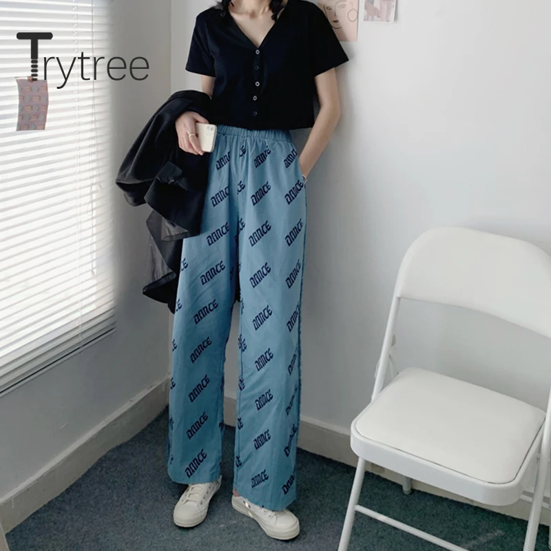 

Trytree Spring Women Casual Pants Fashion Loose Wide leg pants Blue Letter Tassel Pockets Elastic Waist All-Purpose Style Pants