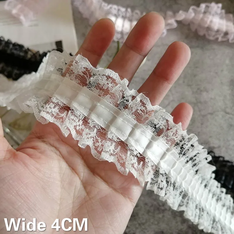

4CM Wide White Black Pleated Mesh Satin Embroidered Lace Collar Neckline Trim Ribbon Princess Dress Wedding Sewing Fringe Decor