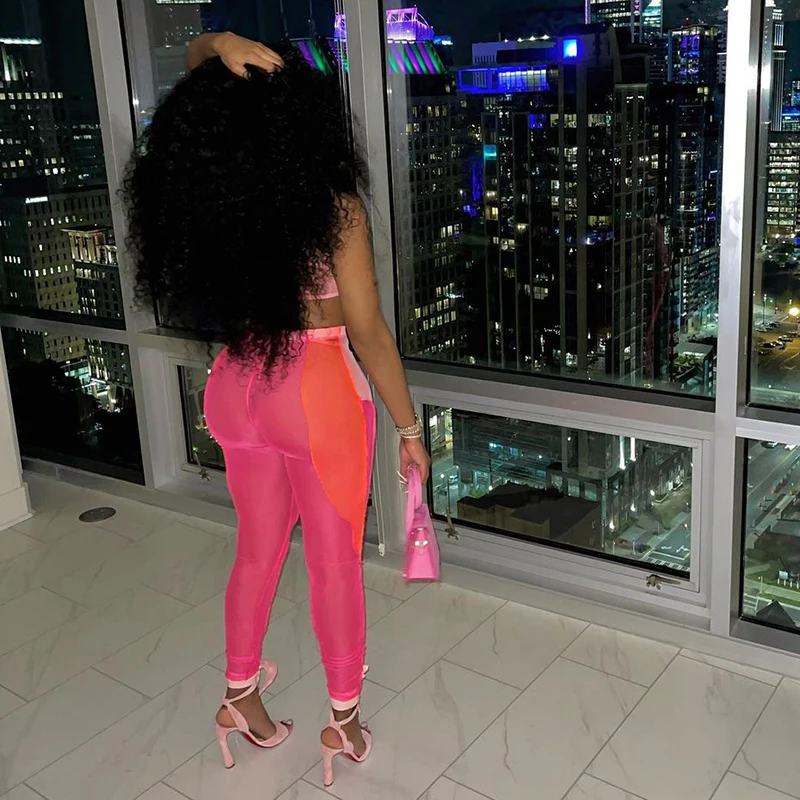 

CIBBAR Patchwork Sexy Mesh See Through Women Two Piece Sets Sleeveless Crop Top And Long Pants Suits Casual Fashion Streetwear