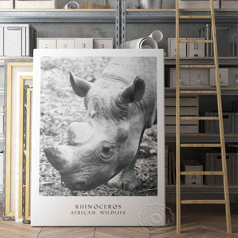 

African Animal Poster, Modern Black White Rhinoceros Wall Art, Minimalism Animal Wall Stickers, Rhino Nursery Kids Room Decor