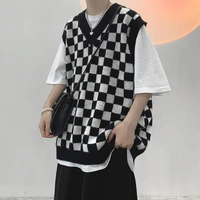 autumn plaid sweater vest mens fashion casual v neck knitted pullover men korean loose sleeveless sweater mens clothes m xl