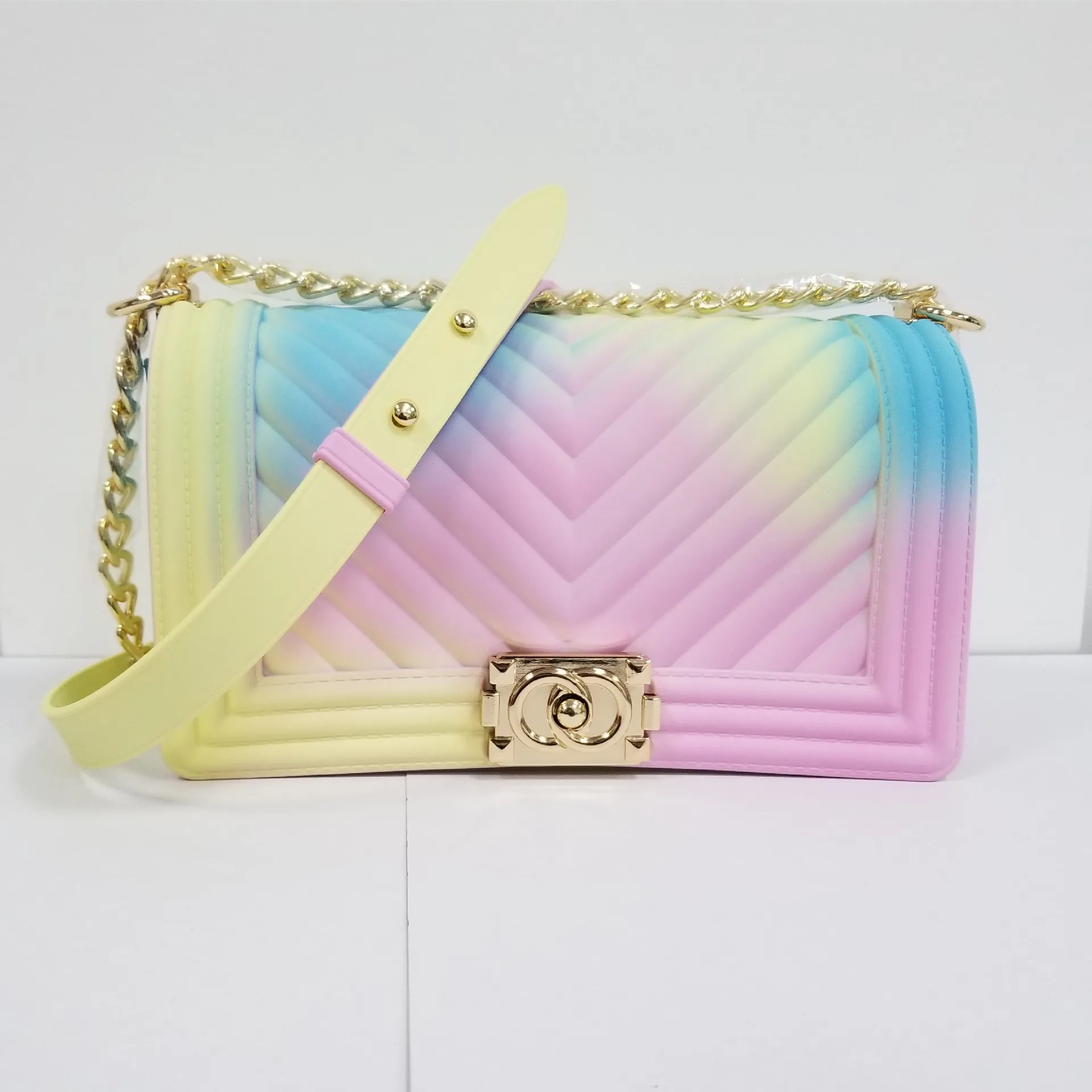 

Модная красочная роскошная сумка из желеобразного ПВХ, новинка 2021, модная женская сумка через плечо с цепочкой, Брендовая женская сумка-мес...